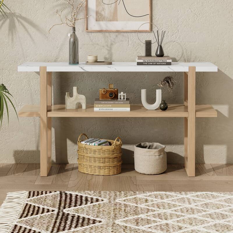 Narrow Console Table with Marble-Effect Top(Natural)