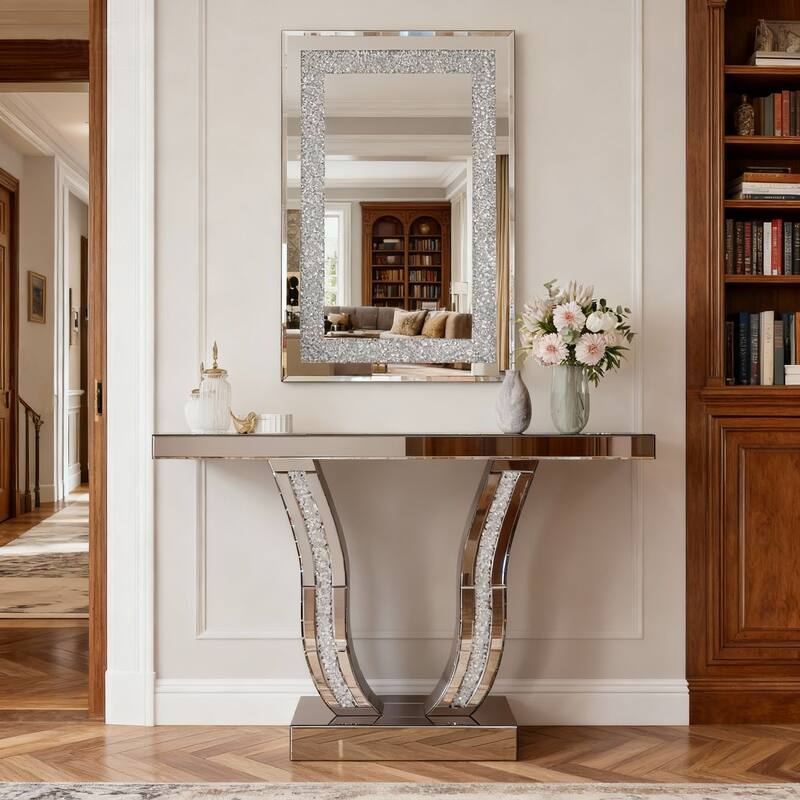 Crystal Crush Diamond Rectangle Silver Mirror for Wall, Large 36x24 Inch Modern Decorative Hanging Mirror with Beveled Edge