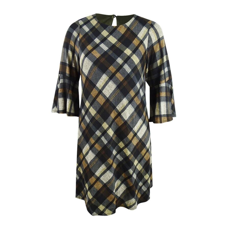 Jessica Howard Women's Plus Size Plaid Bell-Sleeve Shift Dress (1X, Brown Plaid)