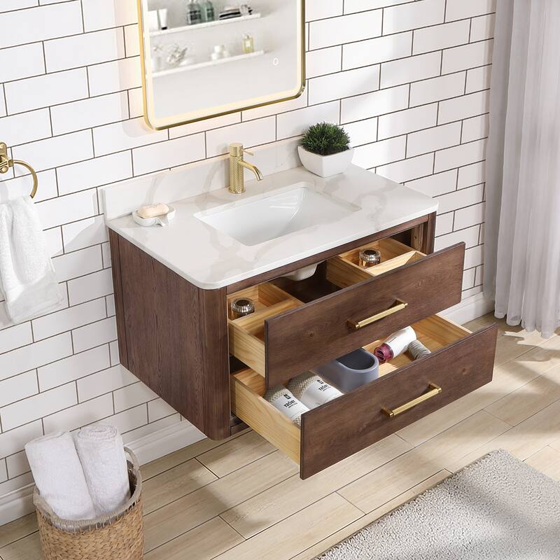 Cristo Floating Bath Vanity with White Quartz Stone Top and Mirror