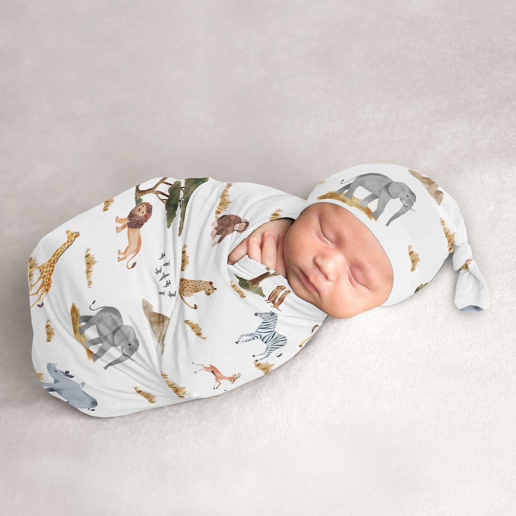 Sweet Jojo Designs Jungle Animal Boy Girl Gender Neutral Unisex Baby Cocoon and Beanie Hat Sleep Sack 2p Set Green Boho Elephant