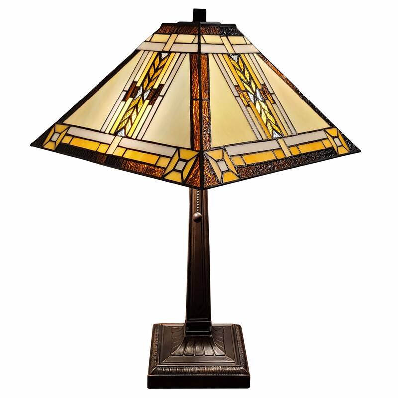 HomeRoots 23" Stained Glass Two Light Mission Style Table Lamp with Stained Glass Shade - 21 x 22 x 11