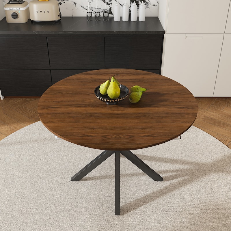 Roomfitters Extendable Round Dining Table, Retractable 42 to 58 Inch Wood Veneer Table with Carbon Steel Base, Walnut Finish