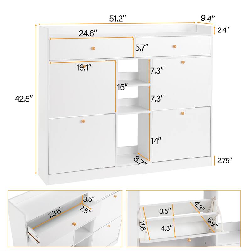 White Shoe Cabinet with 4 Drawers and Storage Compartments for Entryway Hallway Organization - 50.39”W x 9.84”D x 42.13”H