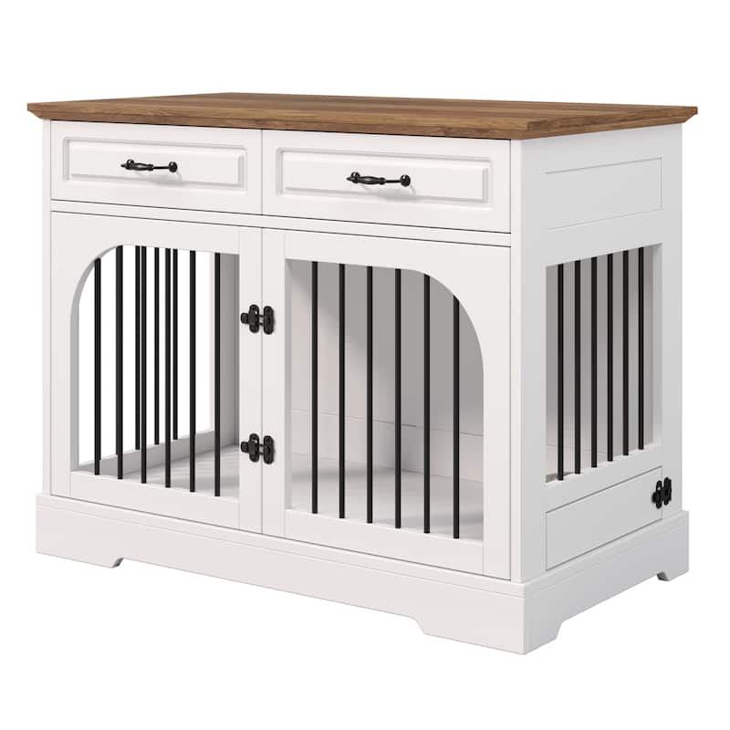 43.3" Dog Crate Furniture, Heavy Duty Indoor Dog Kennel with 2 Storage Drawers, Dog Cage with Side Doors for Medium Large Dogs