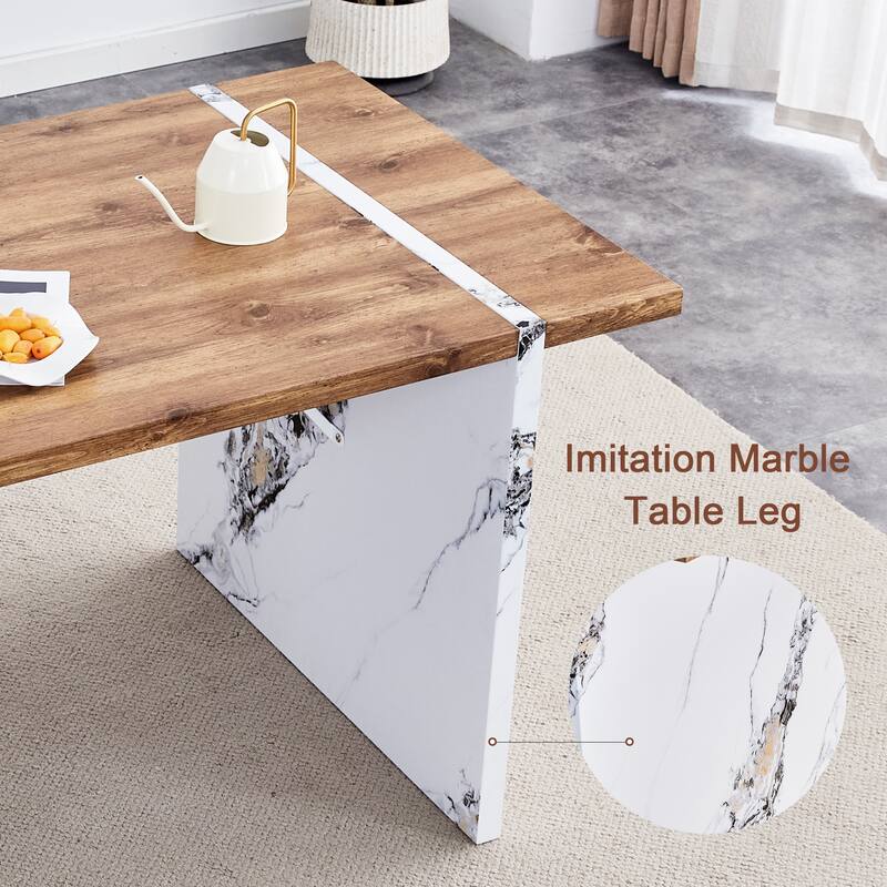 Roomfitters 55" MDF Dining Table with Wood Texture Top and Marble Pattern Legs, Modern Style, Wood