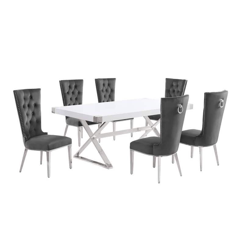 Best Quality Furniture D440/1-SC330-7 Dining Set with 78" White Lacquer Wood Top