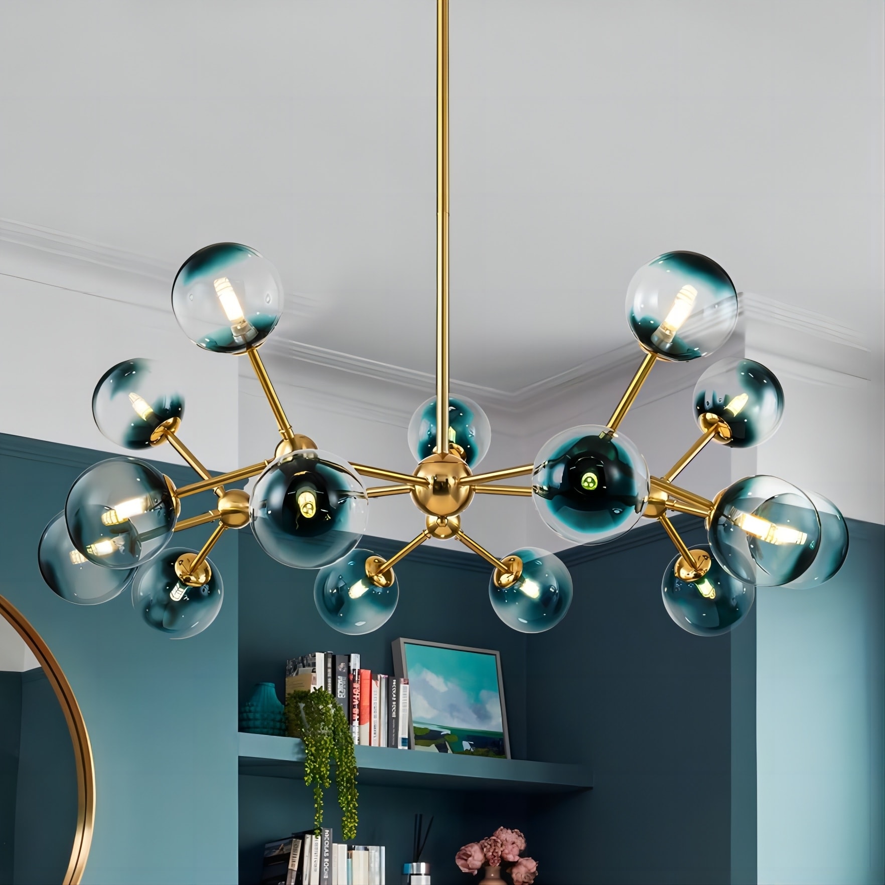 15-Light Modern Glam Linear Sputnik Gradient Blue Glass Globe Bubble Branch Chandelier