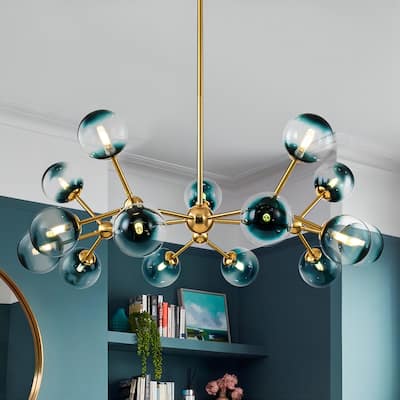 15-Light Modern Glam Linear Sputnik Gradient Blue Glass Globe Bubble Branch Chandelier