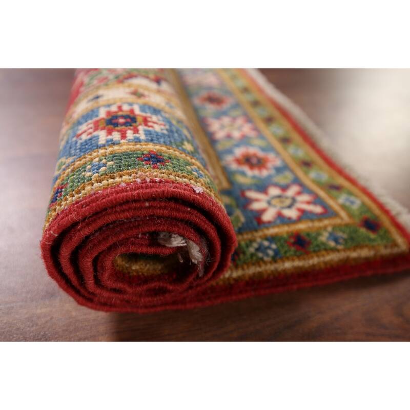 Hand Knotted Oriental 100% Wool Carpet Traditional Geometric Red Kazak Area Rug - 3' 0'' X 1' 10''