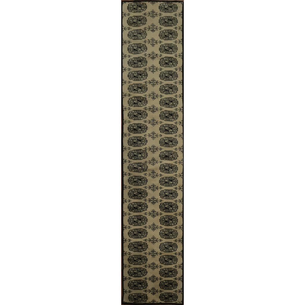 Hand Knotted Oriental 100% Wool Carpet Traditional Geometric Beige & Ivories Bokhara Runner Rug - 7' 4'' X 1' 6''