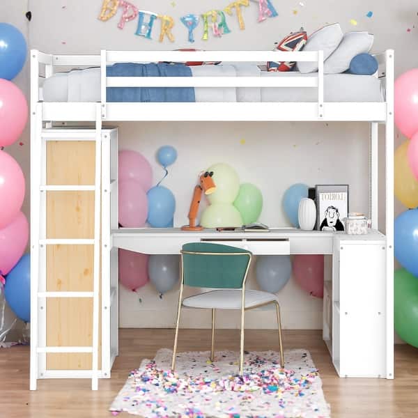 slide 2 of 18, Twin Size Multi-function Loft Bed With Ladder,Shelves and Desk,Solid Construction White