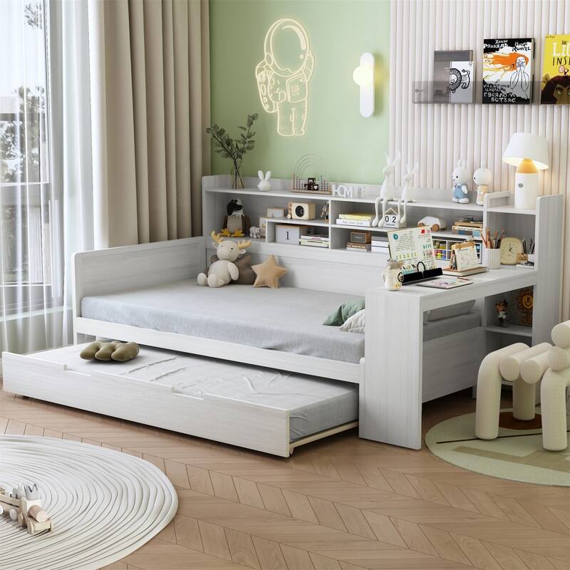 Wooden Daybed with Study Desk and Twin Size Trundle, Twin/Full Size Daybed Frame Sofa Bed with Storage Shelves - White - Twin