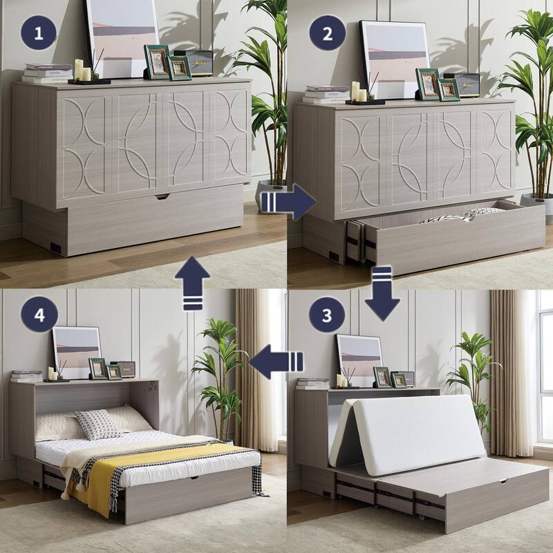 Queen Size Murphy Bed Cabinet with Storage Drawer, Folding Foam Mattress, USB & AC Charging Ports, and Smooth Glide Mechanism