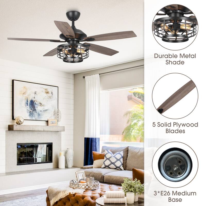 52" Industrial Wood 5-Blade 3-Light Metal Ceiling Fan with Remote