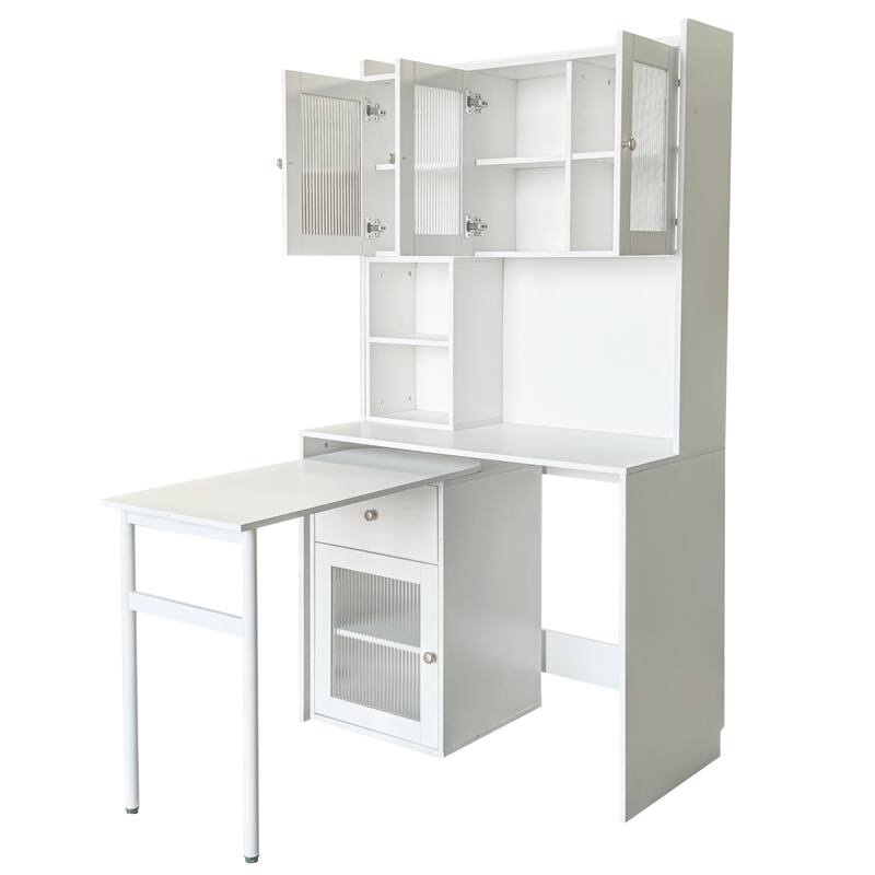 Roomfitters Computer Desk with Hutch and Rotating Table, Home Office Workstation with Glass Cabinet Doors