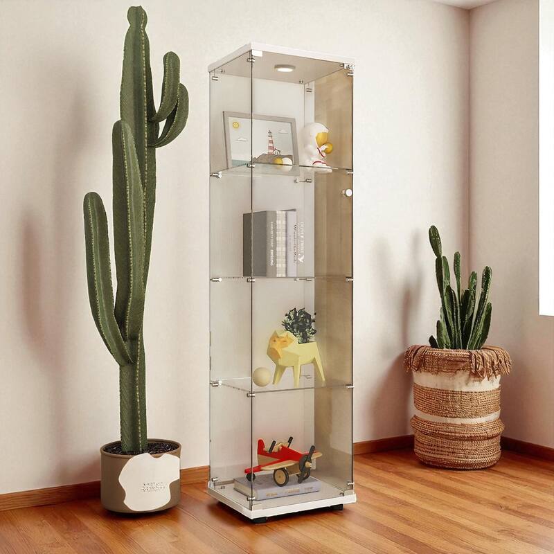 Tempered Glass Display Cabinet with Remote Control LED Lights, Lockable Storage Shelves and Adjustable Feet