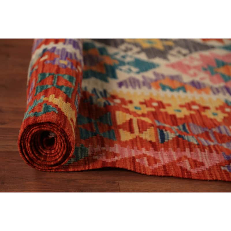 All-Over Geometric Kilim Oriental Area Rug Flatweave Wool Carpet - 8'7"x 9'4"