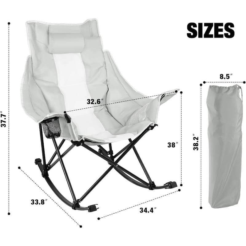 BOSSIN Heavy-Duty Oversized Rocking Camp Chair, Portable Folding w/Cup Holder, Cooler & Pocket for Camping, Beach, Backyard