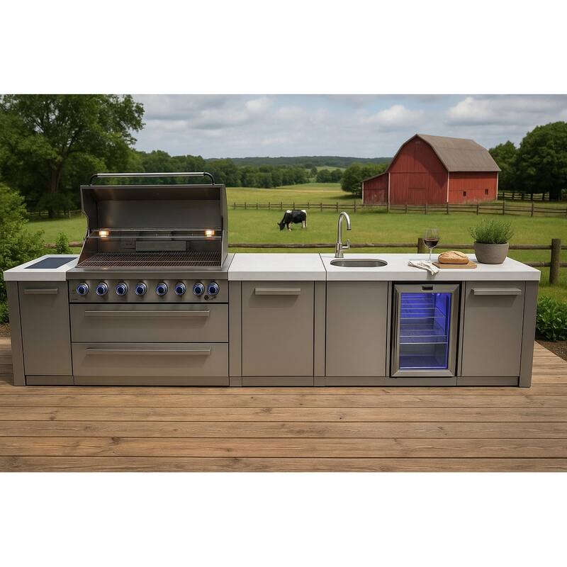 Mont Alpi MAi805-BEV-EXC Original Stainless Steel Outdoor Kitchen Island BBQ Grill + Beverage Center + 25" Extra Storage Cabinet