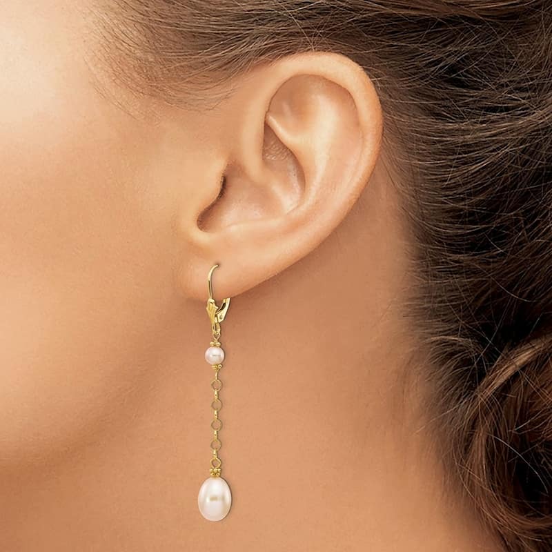 Curata 14k Yellow Gold 55x8mm Natural Color Freshwater Cultured Pearl Leverback Earrings
