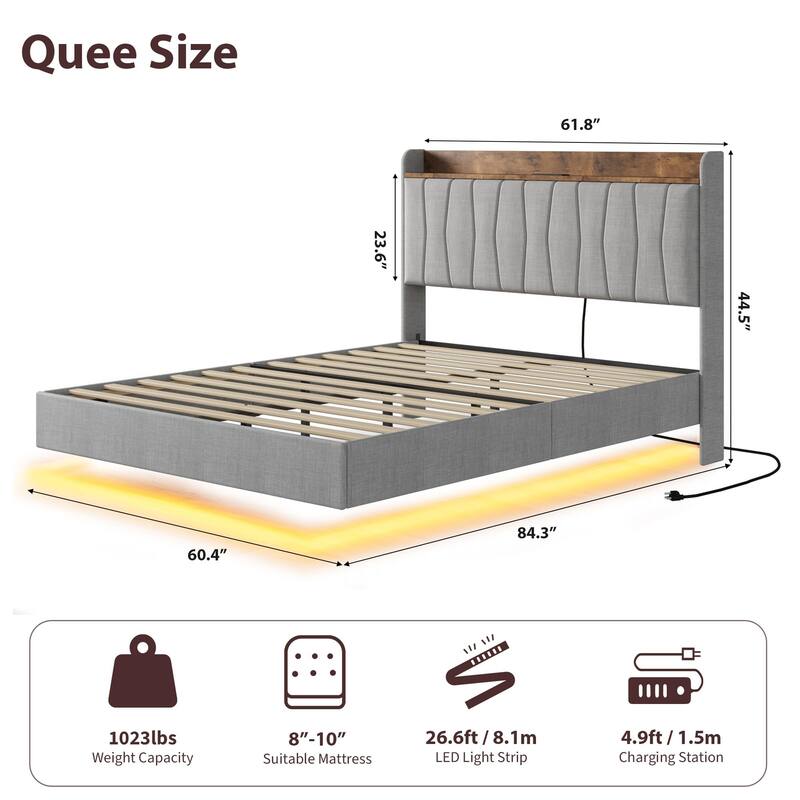 Full/Queen/King Floating Bed Frame with LED Lights & Charging Station, Upholstered Platform Bed with Storage Headboard