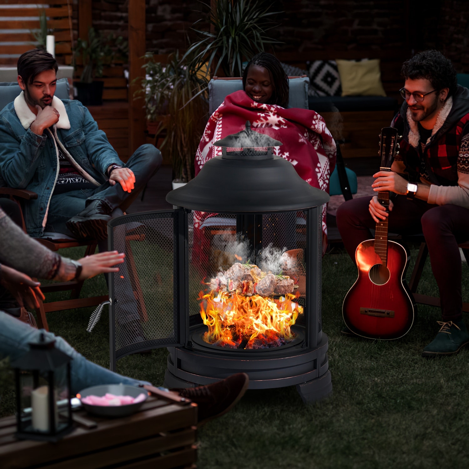 Chiminea Fire Pit with Grill for Outdoor 2 in 1 Fire Pit with