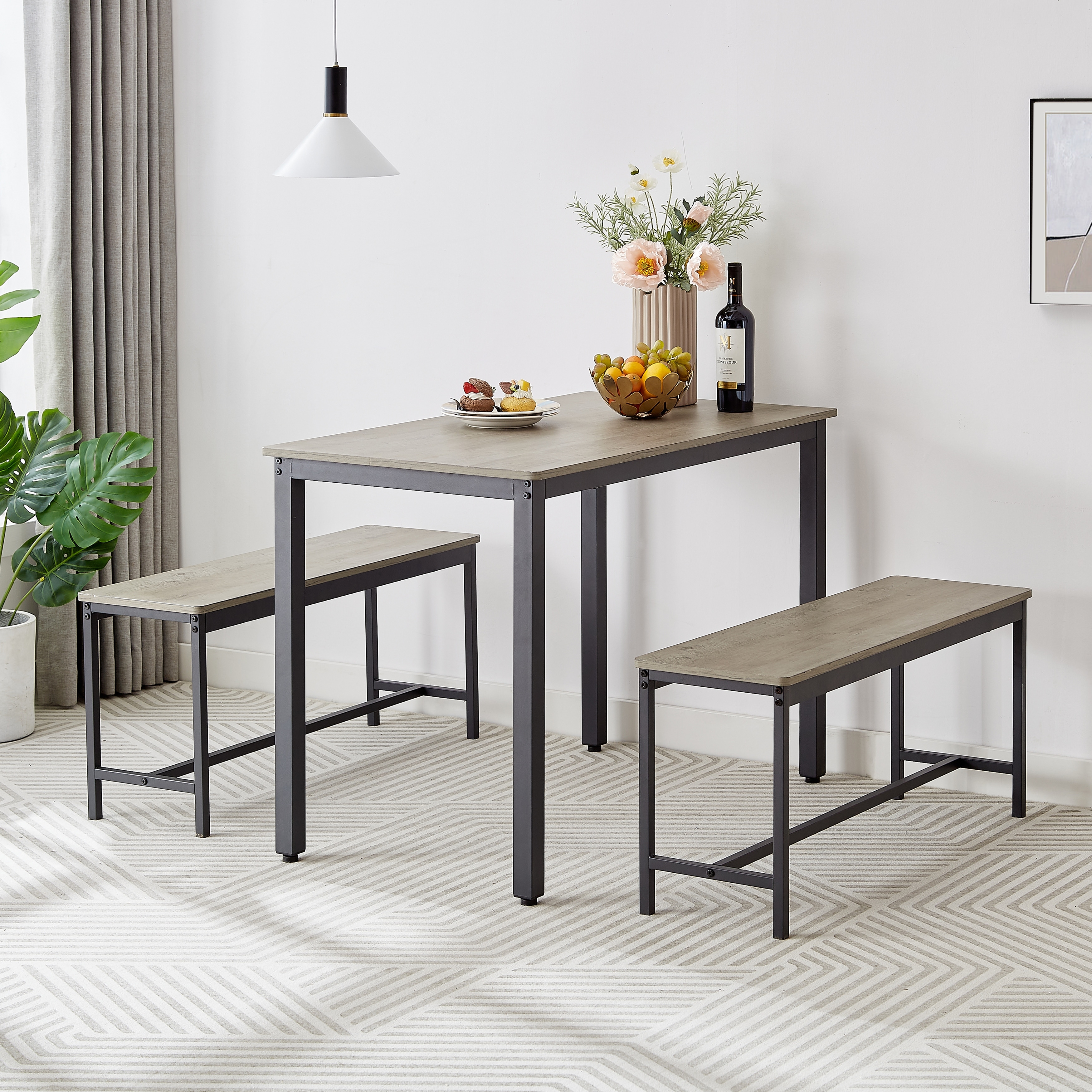 Industrial Dining Set with 2 Benches, Dining Table with Steel Legs, Breakfast Nook with Sliding Benches