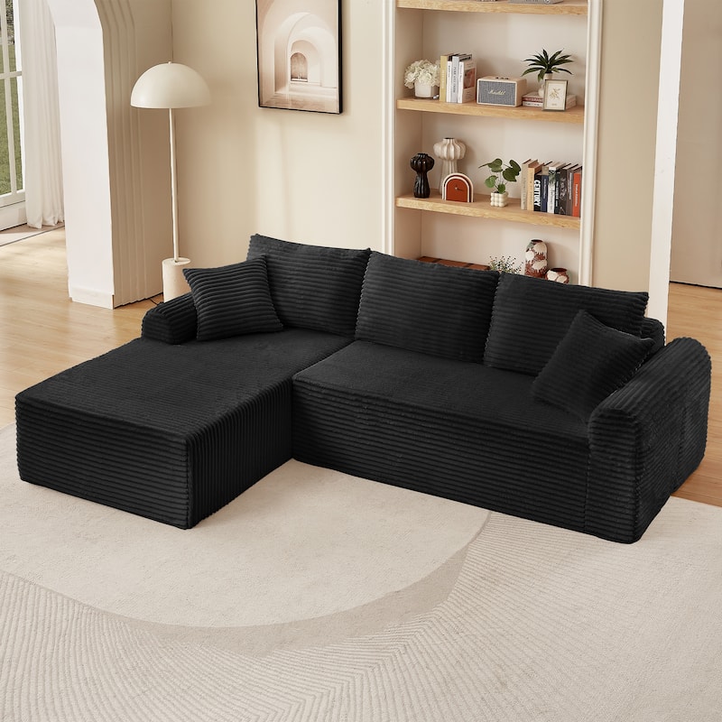 Modular Cloud Sectional Couch with Chaise, Corduroy Upholstered Boneless Sofa, Full-Compression Sofa with 2 Throw Pillows - Black