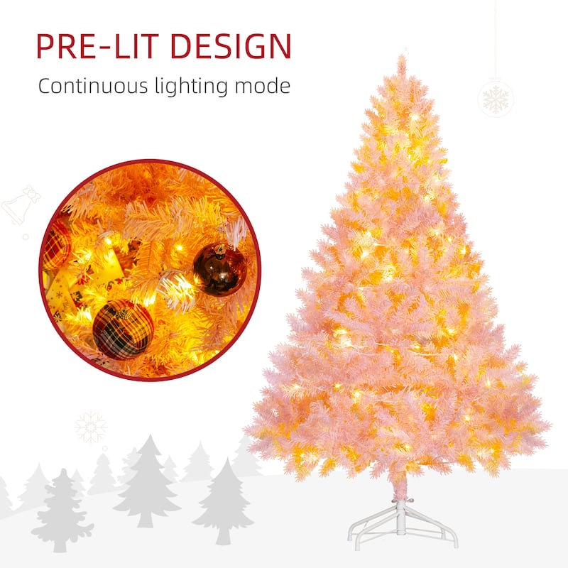 HOMCOM Pre-Lit Douglas Fir Tree - Warm White LED Lights, Realistic Branches, Pink