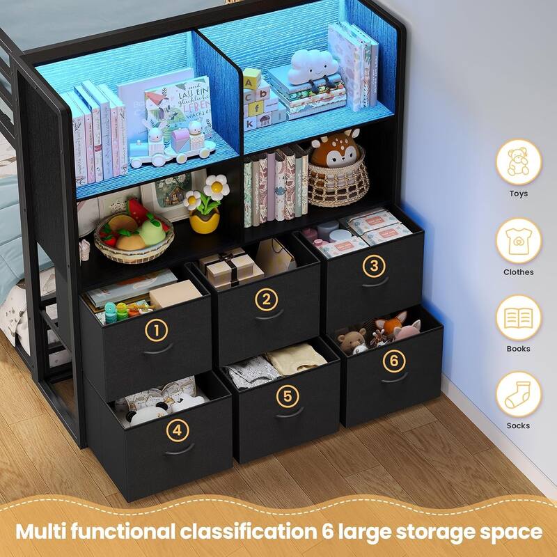 Twin Size Low Loft Bed 6 Fabric Storage Drawers LED Lights Twin Over Twin Bunk Bed