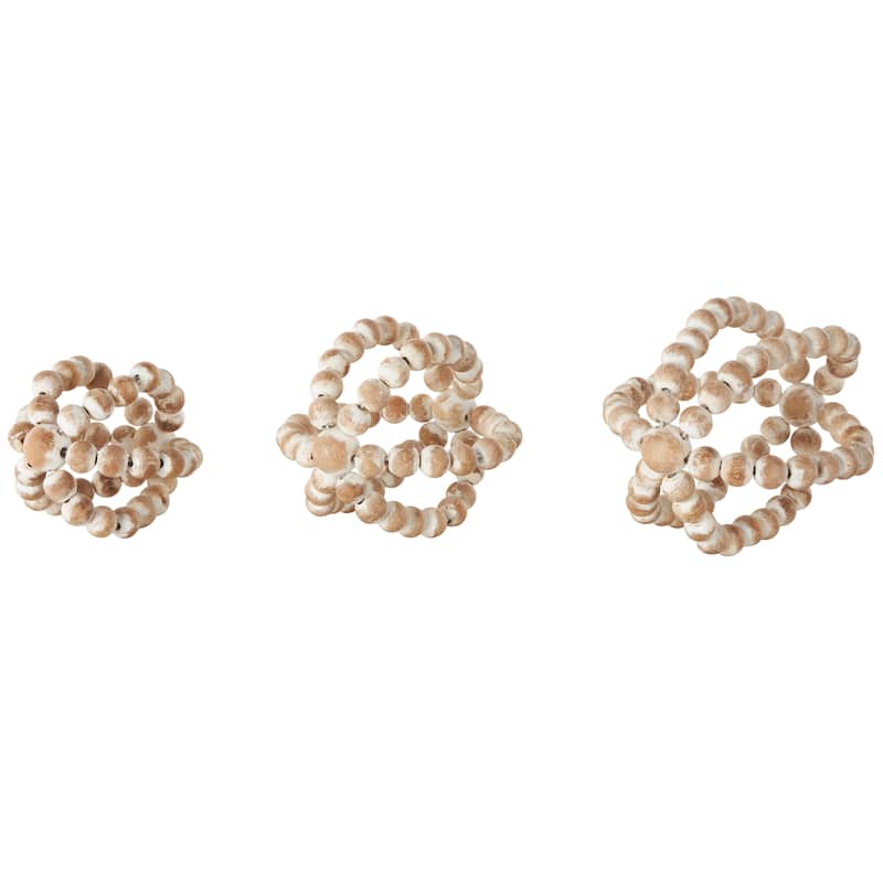 Wood Knot Handmade Beaded Sculpture with White Washed Distressing - Set of 3 Brown - Roche River Decor - 6"W x 7"L x 6"H