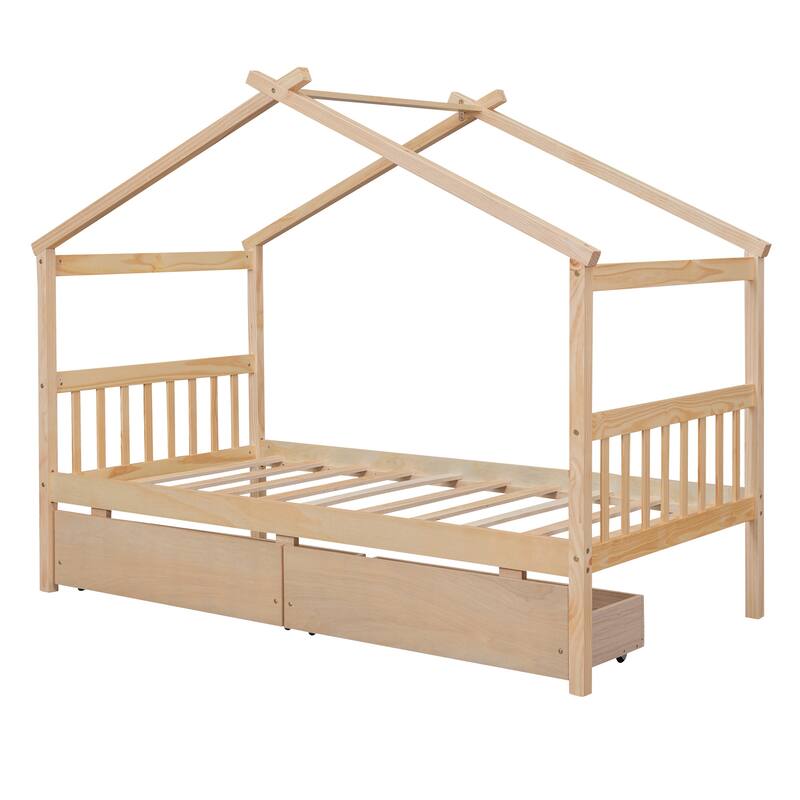 Twin Size House Bed w/2 Storage Drawers, Wooden Montessori House Bed ...