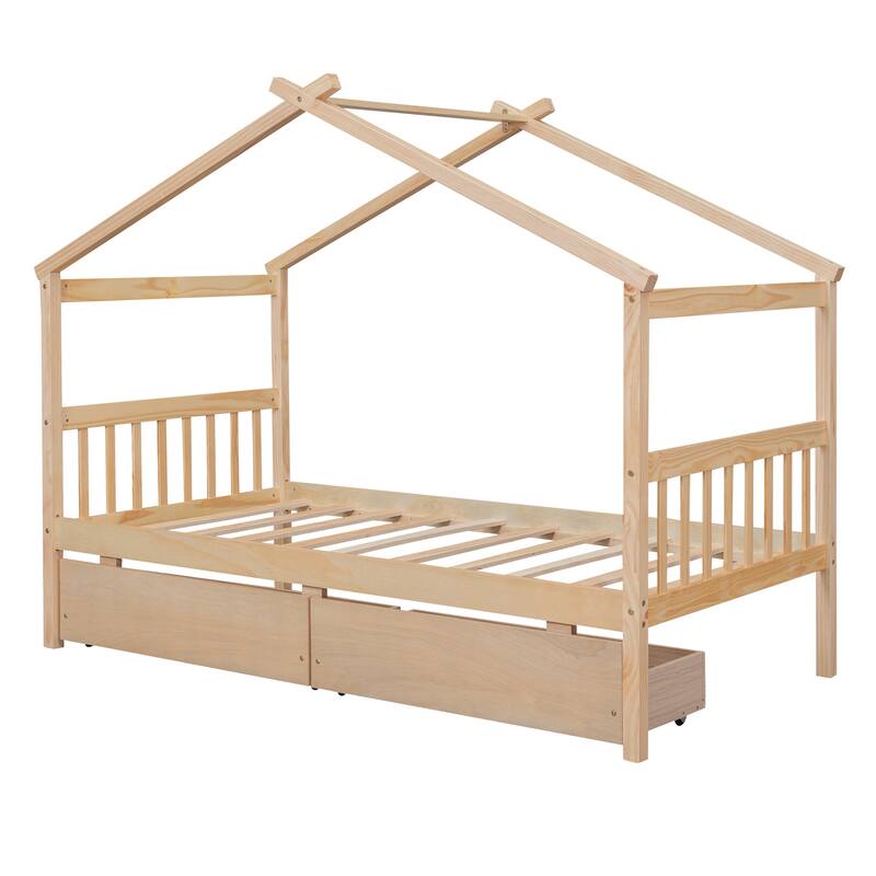 Twin Size Wooden House Bed with Storage Drawers, Fun Kids Bed with Roof Design