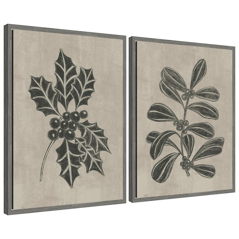 Kate and Laurel Sylvie Winter Holly and Berries - 2 Piece Framed Canvas Art Set by Nikita Jariwala - Grey