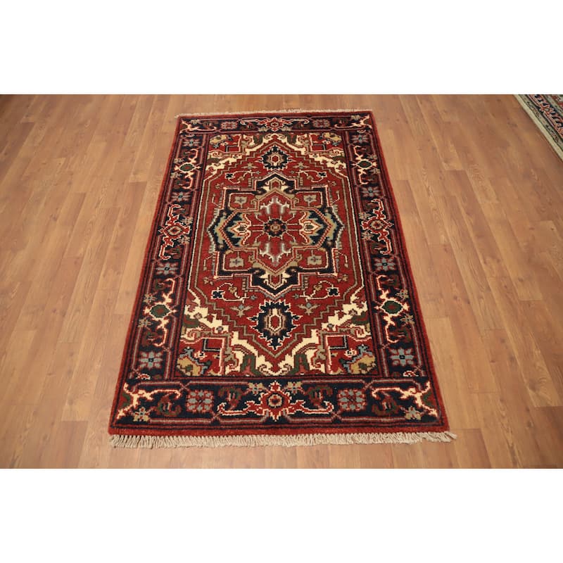 Hand Knotted Oriental 100% Wool Carpet Traditional Medallion Oranges & Rust Heriz (serapi) Area Rug - 4' 11'' X 3' 1''
