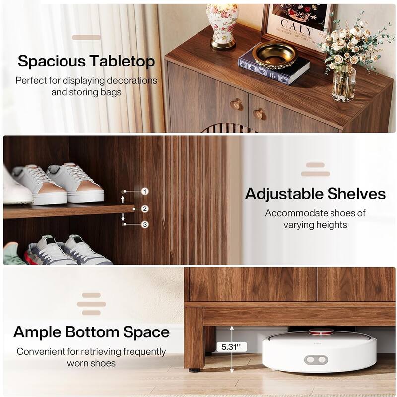 28" Brown 5-Tier Shoe Cabinet with Round Louvered Doors