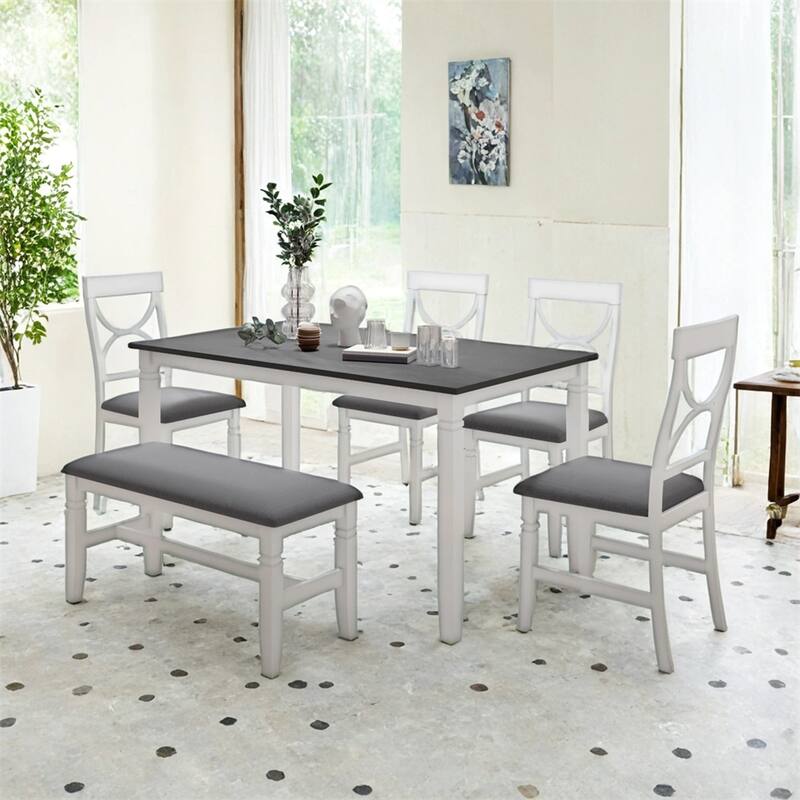 6-Piece Wood Dining Table Set w/Upholstered Bench and 4 Dining Chairs