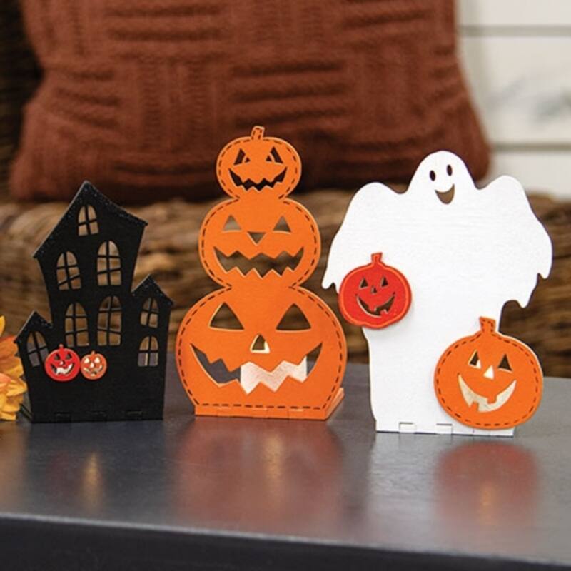 Fall Halloween Wooden Candle Holders with Ghost, Pumpkin Stack, and Haunted House 3 Asstd. - Ghost: 5.75”H x 4.5”W x 3”D