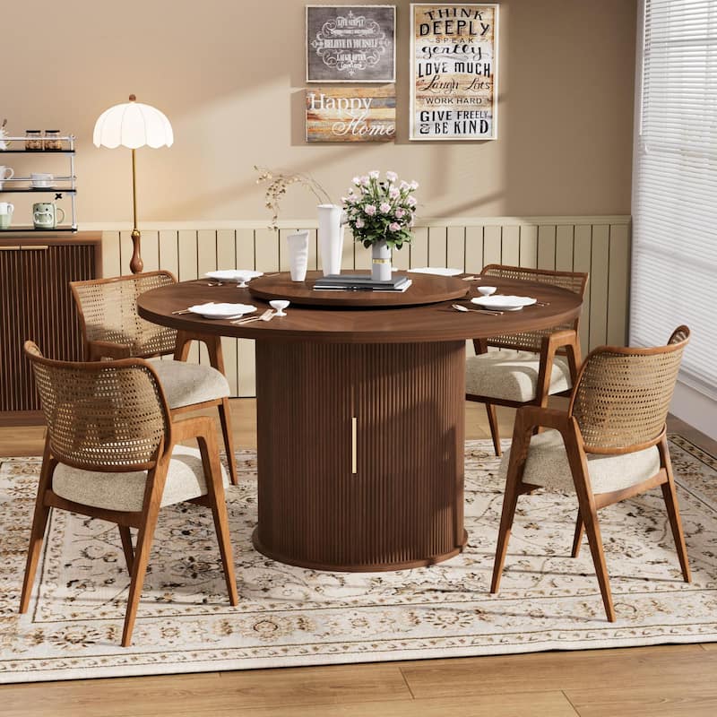 55-inch round dining table for 6, featuring a double-tiered storage rack and a rotating tabletop tray