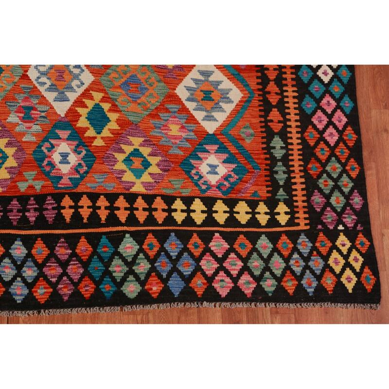 Kilim Oriental Area Rug Flatweave Orange Reversible Wool Carpet - 9'9"x 13'0"
