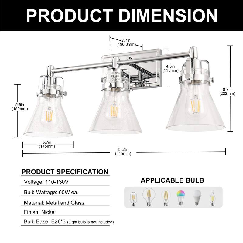YANSUN 3-Light Vanity Light with Glass Shade Chrome Finish,E26 Modern Bathroom Fixture