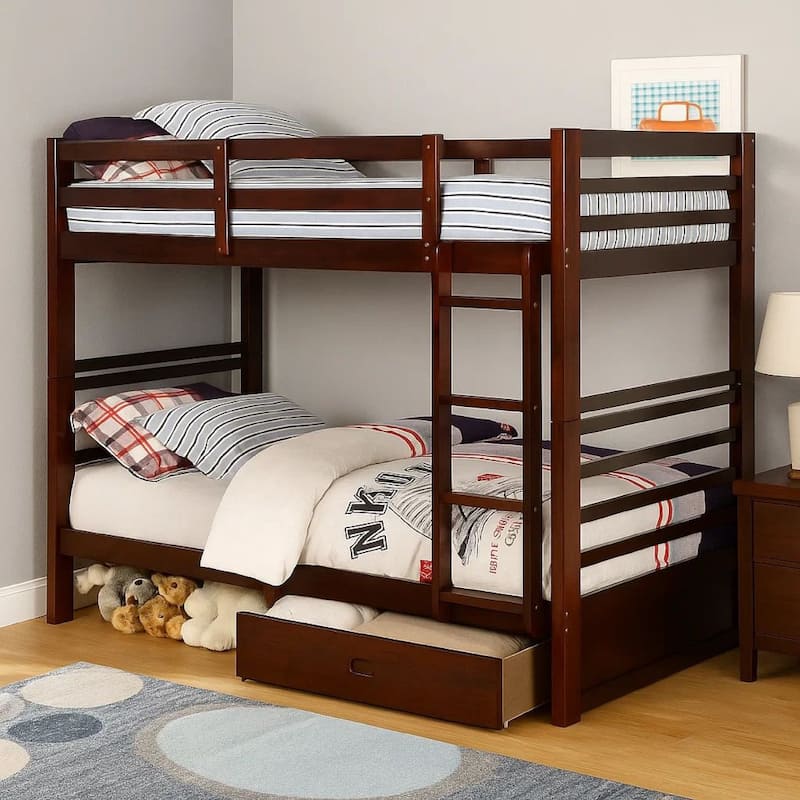 Transitional Twin Over Twin Bed with Attached Ladder and Drawers, Brown