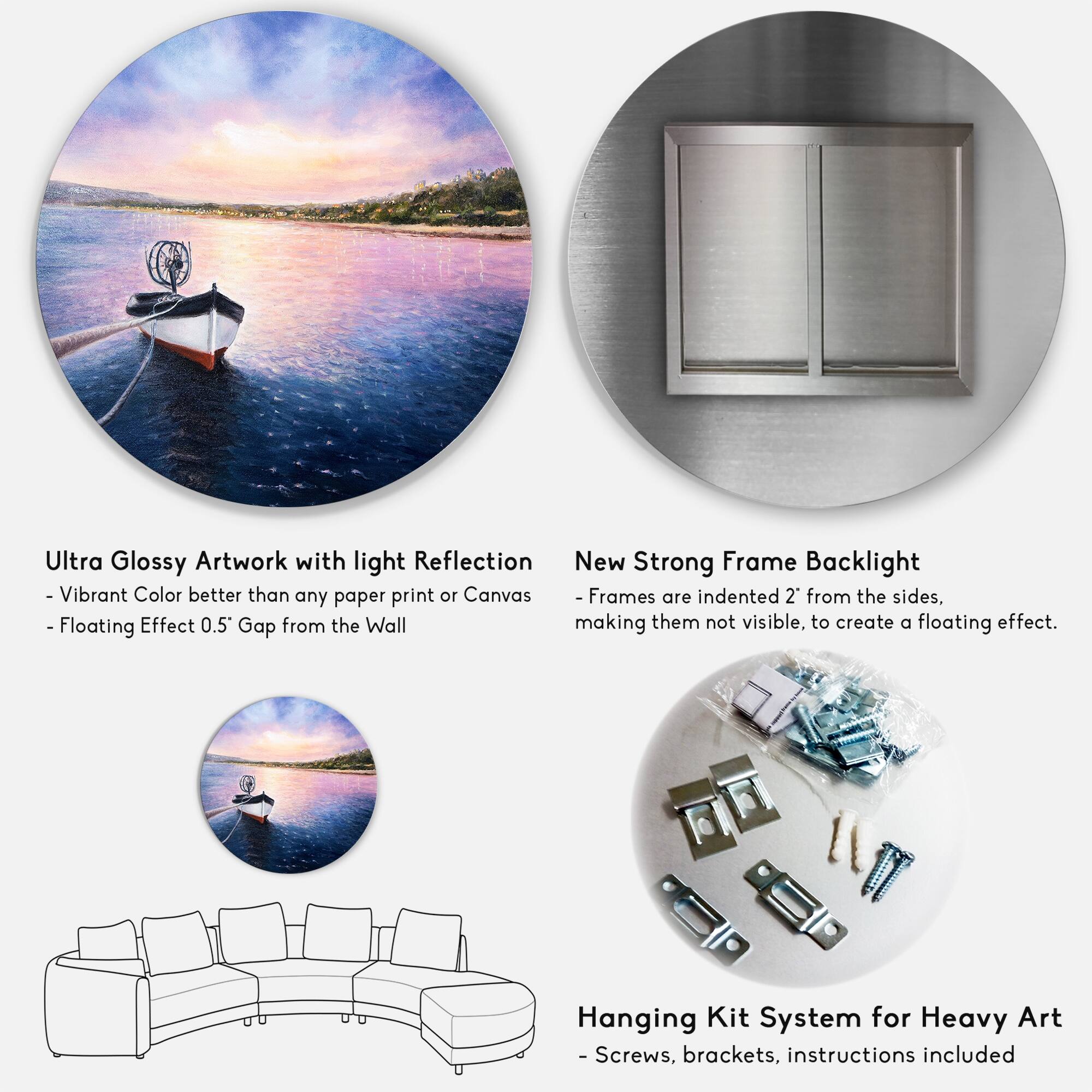 Designart 'Fishing Boat By The Shore During VIbrant Sunset' Lake House Metal Circle Wall Art