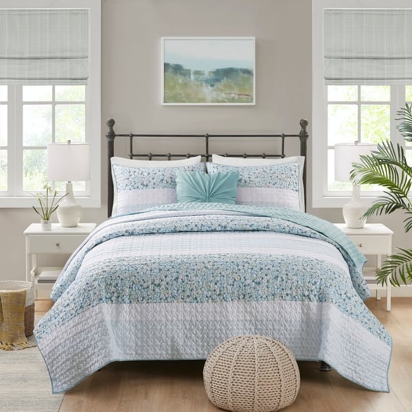 slide 2 of 49, Madison Park Caralie 4 Piece Seersucker Quilt Set with Throw Pillow Aqua - King