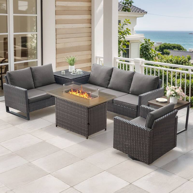 Gymojoy 6 Person All-Weather Wicker Outdoor Conversation Set Seating Group With Fire Pit Table