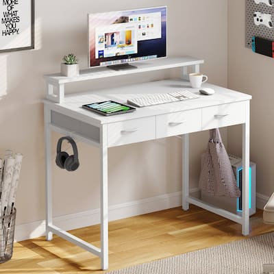 Moasis Small Computer Desk with Fabric Drawers and Monitor Stand