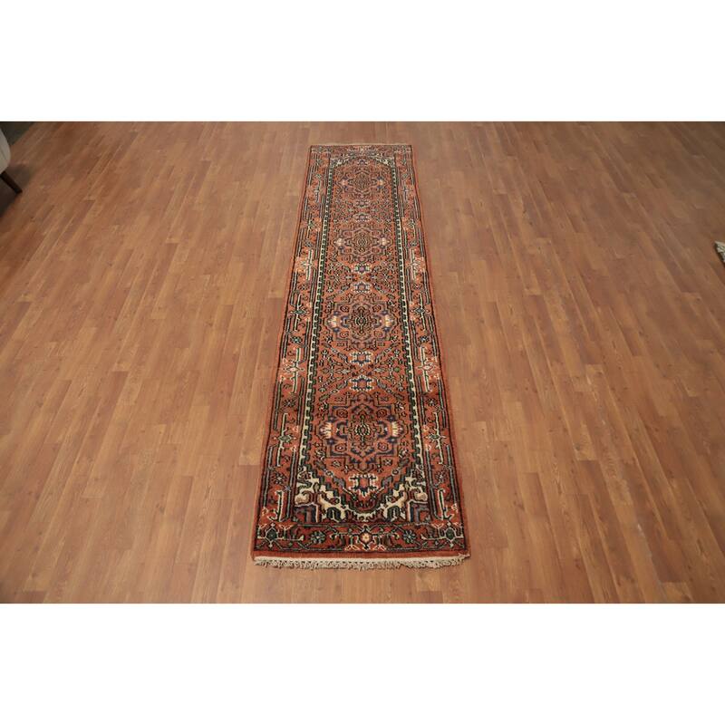 Hand Knotted Oriental 100% Wool Carpet Traditional Geometric Oranges & Rust Heriz (serapi) Runner Rug - 10' 1'' X 2' 7''