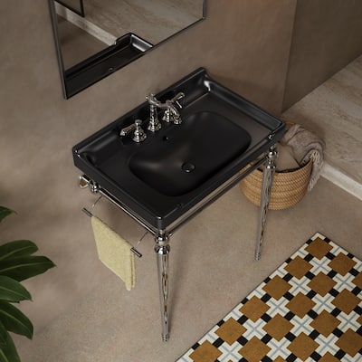 28" Bathroom Console Sink, Wall-Mounted Black Ceramic Vanity Basin, Freestanding Stainless Steel Support Legs with Towel Bar
