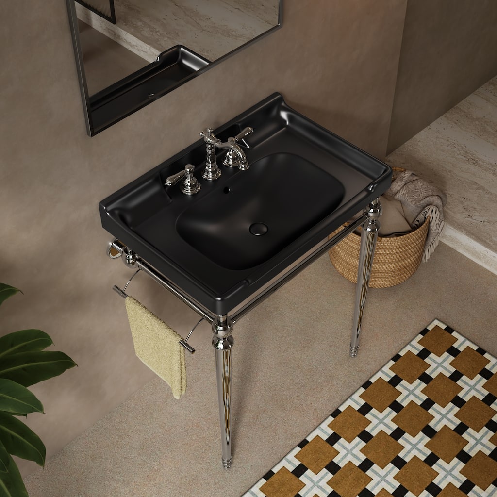 28" Bathroom Console Sink, Wall-Mounted Black Ceramic Vanity Basin, Freestanding Stainless Steel Support Legs with Towel Bar